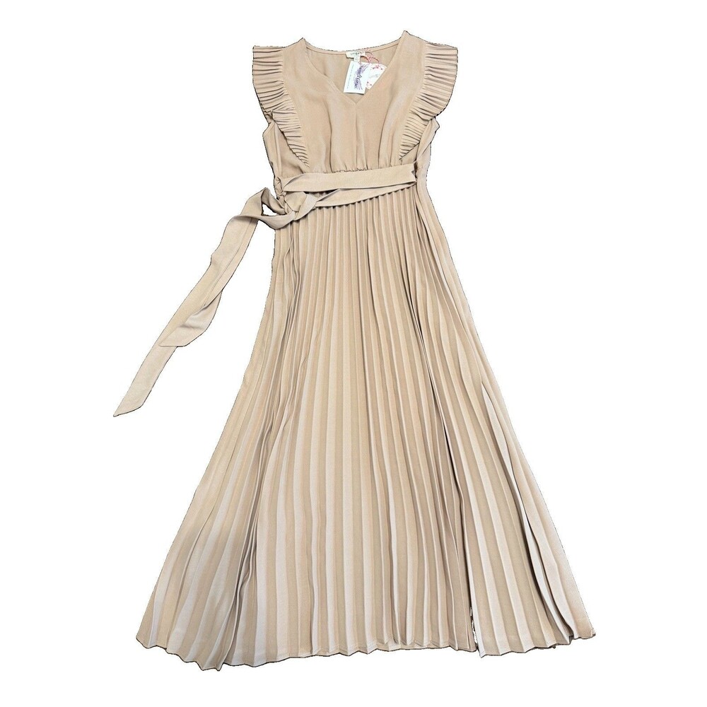 Umgee Tan V-Neck Ruffle Flutter Sleeve Maxi Dress Pleated Short-Sleeve NWT